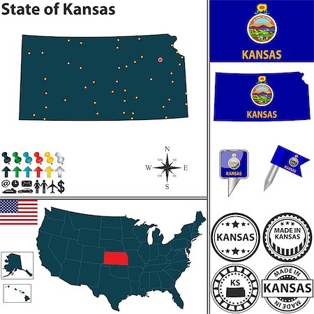 Vector set of Kansas state with flag and icons on white background Stock Photo - Budget Royalty-Free & Subscription, Code: 400-07430909