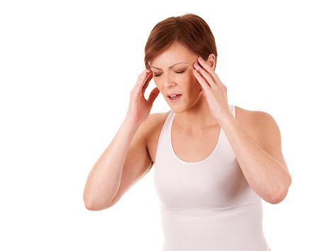 simsearch:400-04978521,k - woman with a headache wearing white outfit on white background Stock Photo - Budget Royalty-Free & Subscription, Code: 400-07444626