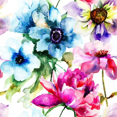 Floral seamless pattern, watercolor illustration Stock Photo - Budget Royalty-Free & Subscription, Code: 400-07444657