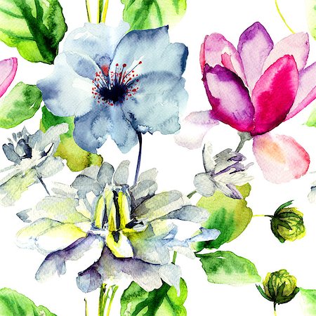 Seamless wallpaper with flowers, watercolor illustration Stock Photo - Budget Royalty-Free & Subscription, Code: 400-07444666