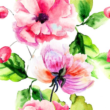 peony art - Seamless pattern with Peony and Poppy flowers, Watercolor painting Stock Photo - Budget Royalty-Free & Subscription, Code: 400-07444675