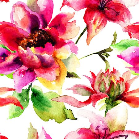 simsearch:400-07444676,k - Seamless pattern with original flowers, Watercolor painting Photographie de stock - Aubaine LD & Abonnement, Code: 400-07444676