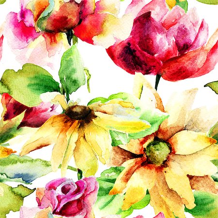 simsearch:400-07444676,k - Summer seamless pattern with flowers, watercolor illustration Photographie de stock - Aubaine LD & Abonnement, Code: 400-07444681