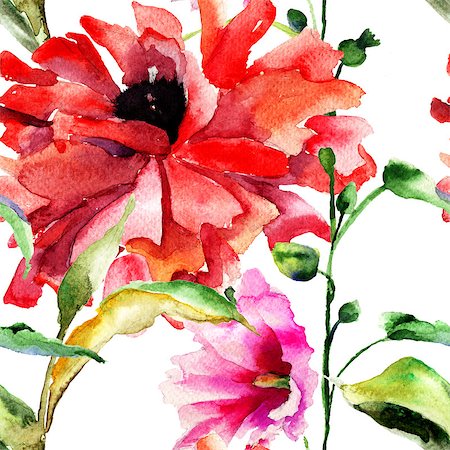 simsearch:400-07444676,k - Seamless wallpaper with original beautiful flowers, Watercolor painting Photographie de stock - Aubaine LD & Abonnement, Code: 400-07444698