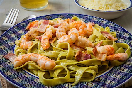 simsearch:400-07465860,k - pasta tagliatelle with prawn and bacon on the wooden table Stock Photo - Budget Royalty-Free & Subscription, Code: 400-07444755