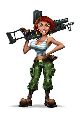 earring drawing - Pretty girl with a machine gun. Caricature. (isolated) Photographie de stock - Aubaine LD & Abonnement, Code: 400-07445558