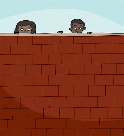 Pair of cute children peeking over brick wall Stock Photo - Budget Royalty-Free & Subscription, Code: 400-07445845