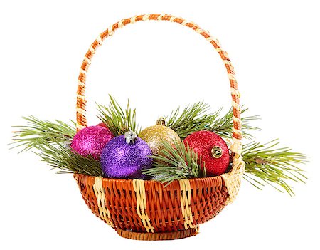 pine tree one not snow not people - Basket with Christmas baubles on a white background Stock Photo - Budget Royalty-Free & Subscription, Code: 400-07445896