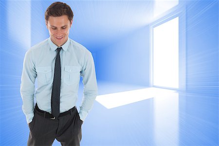 simsearch:400-07446676,k - Happy businessman standing with hands in pockets against bright blue room with window Foto de stock - Super Valor sin royalties y Suscripción, Código: 400-07446572