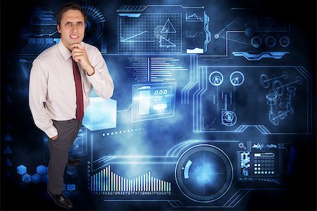 simsearch:6109-07601648,k - Thinking businessman touching his chin against technology interface Stock Photo - Budget Royalty-Free & Subscription, Code: 400-07446681