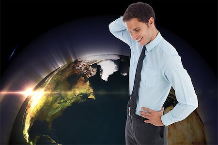 simsearch:6109-07601648,k - Thinking businessman scratching head against glowing earth Stock Photo - Budget Royalty-Free & Subscription, Code: 400-07446810