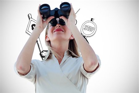 simsearch:400-07446820,k - Businesswoman looking through binoculars against directions illustration Stock Photo - Budget Royalty-Free & Subscription, Code: 400-07446820