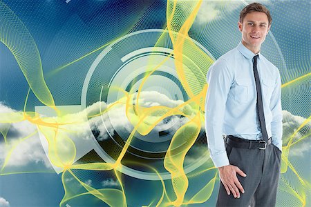 simsearch:400-07446676,k - Smiling businessman standing with hand in pocket against yellow lines with cloud design on a futuristic structure Foto de stock - Super Valor sin royalties y Suscripción, Código: 400-07446831