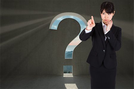 simsearch:400-07446820,k - Thoughtful businesswoman pointing against question mark door in dark room Stock Photo - Budget Royalty-Free & Subscription, Code: 400-07446850