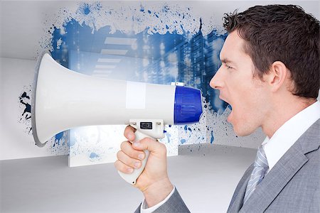 simsearch:400-07447273,k - Businessman using a megaphone  against splash showing data hallway Stock Photo - Budget Royalty-Free & Subscription, Code: 400-07446861