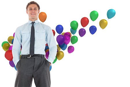 simsearch:400-07446676,k - Happy businessman standing with hands in pockets against colourful balloons Foto de stock - Super Valor sin royalties y Suscripción, Código: 400-07446884