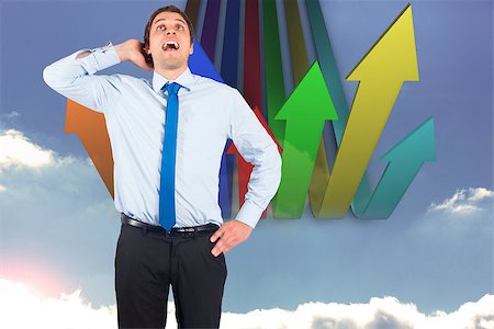 picture of man with arrow in head - Thinking businessman scratching head against colourful arrows pointing up against sky Stock Photo - Budget Royalty-Free & Subscription, Code: 400-07446887