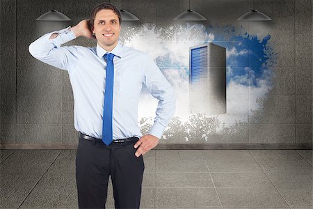 simsearch:400-07448129,k - Thinking businessman scratching head against splash on wall revealing server tower Stock Photo - Budget Royalty-Free & Subscription, Code: 400-07446955