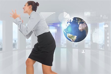 simsearch:400-07277816,k - Furious businesswoman gesturing against global business hologram Fotografie stock - Microstock e Abbonamento, Codice: 400-07446978