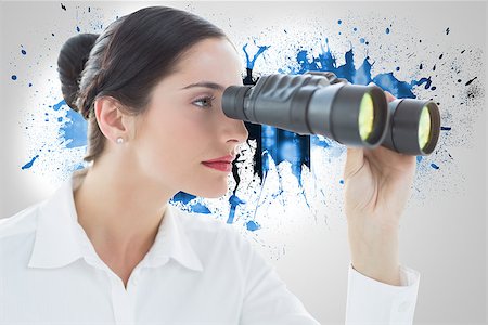 simsearch:400-07448077,k - Business woman looking through binoculars against splash on wall revealing server tower Fotografie stock - Microstock e Abbonamento, Codice: 400-07446988