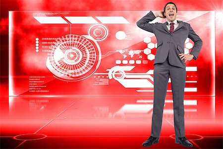 simsearch:6109-07601648,k - Thinking businessman scratching head against futuristic technology interface Stock Photo - Budget Royalty-Free & Subscription, Code: 400-07447082