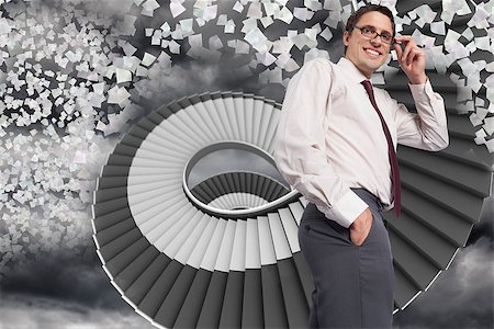 person on winding stairs - Thinking businessman touching his glasses against winding staircase in the sky with flying papers Stock Photo - Budget Royalty-Free & Subscription, Code: 400-07447109