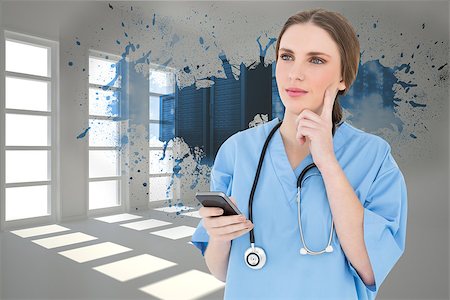 simsearch:400-07448077,k - Young woman doctor thinking against splash showing server towers Fotografie stock - Microstock e Abbonamento, Codice: 400-07447658