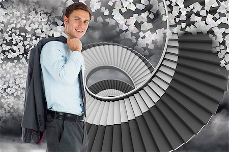 person on winding stairs - Smiling businessman holding his jacket against winding staircase in the sky with flying papers Stock Photo - Budget Royalty-Free & Subscription, Code: 400-07447665