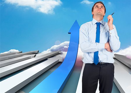 Thinking businessman holding pen against blue and grey arrows pointing against sky Stock Photo - Budget Royalty-Free & Subscription, Code: 400-07447687