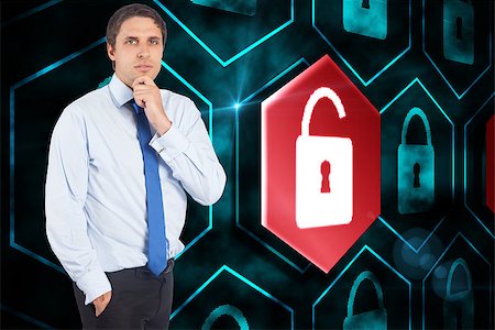 simsearch:6109-07601648,k - Thinking businessman touching his chin against digital security lock Foto de stock - Super Valor sin royalties y Suscripción, Código: 400-07447696