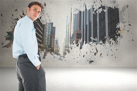 simsearch:400-07446676,k - Serious businessman standing with hands in pockets against splash showing cityscape Foto de stock - Super Valor sin royalties y Suscripción, Código: 400-07447735