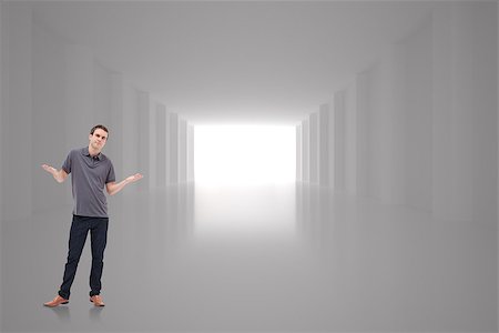 someone shrugging their shoulders - Man shrugging his shoulders against digitally generated room Stock Photo - Budget Royalty-Free & Subscription, Code: 400-07447884