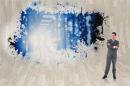 simsearch:400-07448129,k - Businessman with arms folded against splash showing data hallway Stock Photo - Budget Royalty-Free & Subscription, Code: 400-07448136