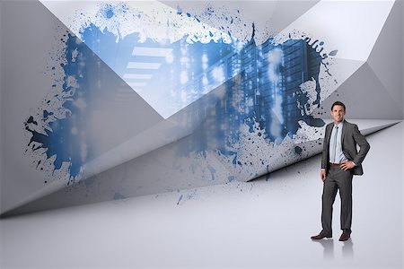 simsearch:400-07447273,k - Smiling businessman with hand on hip against splash showing data hallway Stock Photo - Budget Royalty-Free & Subscription, Code: 400-07448133