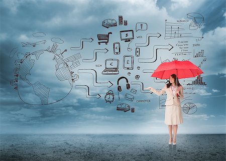 Attractive businesswoman holding red umbrella against brainstorm on desert landscape Stock Photo - Budget Royalty-Free & Subscription, Code: 400-07448361