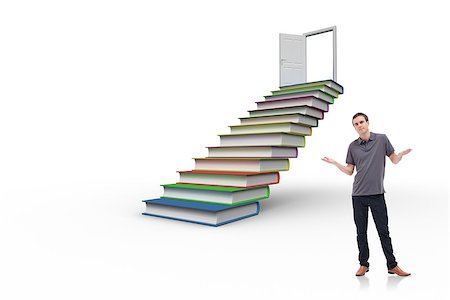 shoulder shrug - Man shrugging his shoulders against steps made from books leading to open door Stock Photo - Budget Royalty-Free & Subscription, Code: 400-07448477