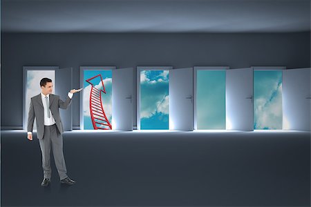 Businessman looking at what he is presenting against doors opening to show red arrow and sky Stock Photo - Budget Royalty-Free & Subscription, Code: 400-07448470