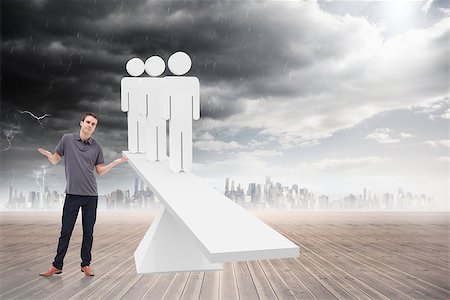 shoulder shrug - Man shrugging his shoulders against white human resource scales in front of city Stock Photo - Budget Royalty-Free & Subscription, Code: 400-07448638