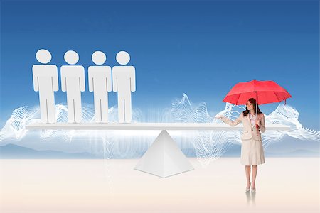 Attractive businesswoman holding red umbrella against white human resource scales in desert Stock Photo - Budget Royalty-Free & Subscription, Code: 400-07448642