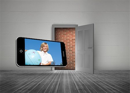 Blonde happy boy on smartphone screen against open door with wall behind it Stock Photo - Budget Royalty-Free & Subscription, Code: 400-07448824