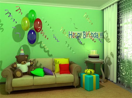 Child room with sofa, Teddy Bear, presents and cake Stock Photo - Budget Royalty-Free & Subscription, Code: 400-07449340