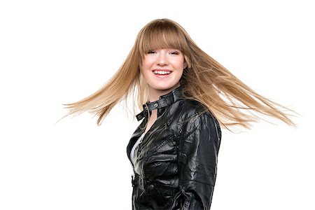Blond girl with a black leather jacket and waving blond hair Stock Photo - Budget Royalty-Free & Subscription, Code: 400-07450668