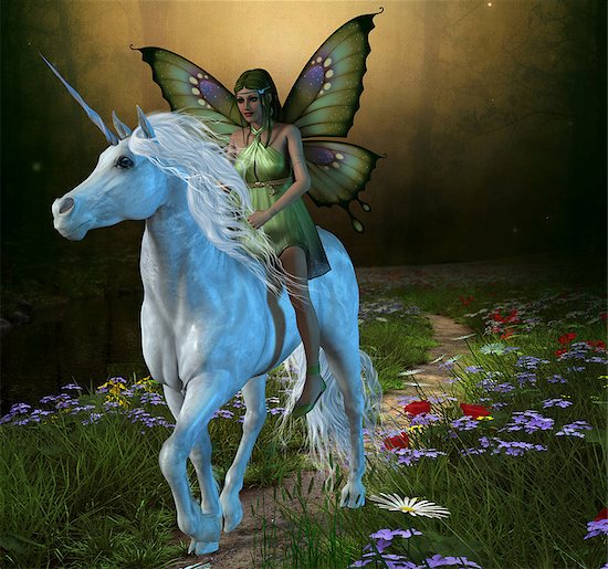A fairy rides a white unicorn down a path in the magical forest. Stock Photo - Royalty-Free, Artist: Catmando, Image code: 400-07450871