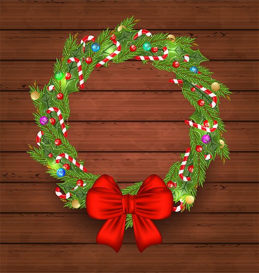 Illustration Christmas holiday decoration on wooden background - vector Stock Photo - Royalty-Free, Artist: smeagorl, Image code: 400-07464220