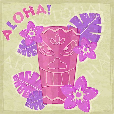 sea postcards vector - Purple Vintage Vacation Retro Aloha Card with Totem and Flowers Stock Photo - Budget Royalty-Free & Subscription, Code: 400-07464243