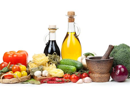 simsearch:400-04846756,k - Fresh ingredients for cooking: pasta, tomato, cucumber, mushroom and spices. Isolated on white background Stock Photo - Budget Royalty-Free & Subscription, Code: 400-07465227
