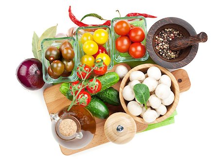 simsearch:400-04846756,k - Fresh ingredients for cooking: tomato, cucumber, mushroom and spices. Isolated on white background Stock Photo - Budget Royalty-Free & Subscription, Code: 400-07465229