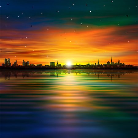 abstract background with silhouette of city and golden clouds Stock Photo - Budget Royalty-Free & Subscription, Code: 400-07465401