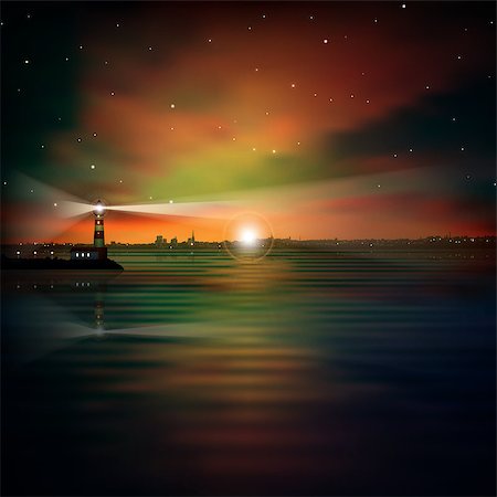 abstract night background with silhouette of city and lighthouse Stock Photo - Budget Royalty-Free & Subscription, Code: 400-07465415