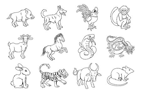 Illustrations of all twelve Chinese zodiac sign icon animals Stock Photo - Budget Royalty-Free & Subscription, Code: 400-07465463